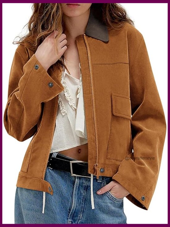 Jackets & Blazers - Cropped Faux Suede Jacket Zip Up Oversized Contrast Collar Fleece Lined Winter